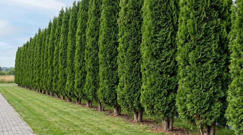 A row of tall, slender Green Giant arborvitae trees forming a privacy screen along a grassy path