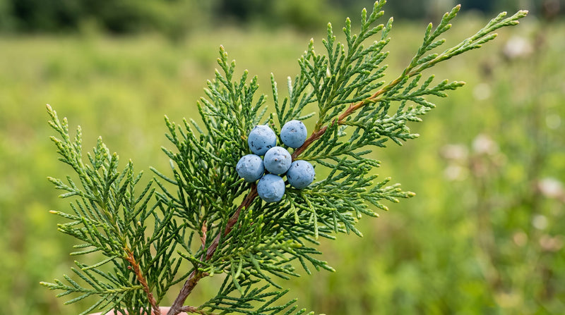 Close-up of an eastern red cedar branch showing its fine scale-like evergreen foliage