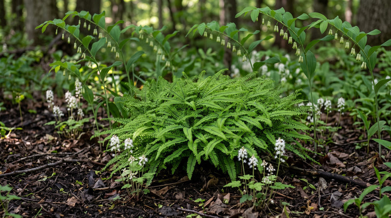 Maidenhair ferns growing in a shaded woodland bed with foam flower and Solomon's seal