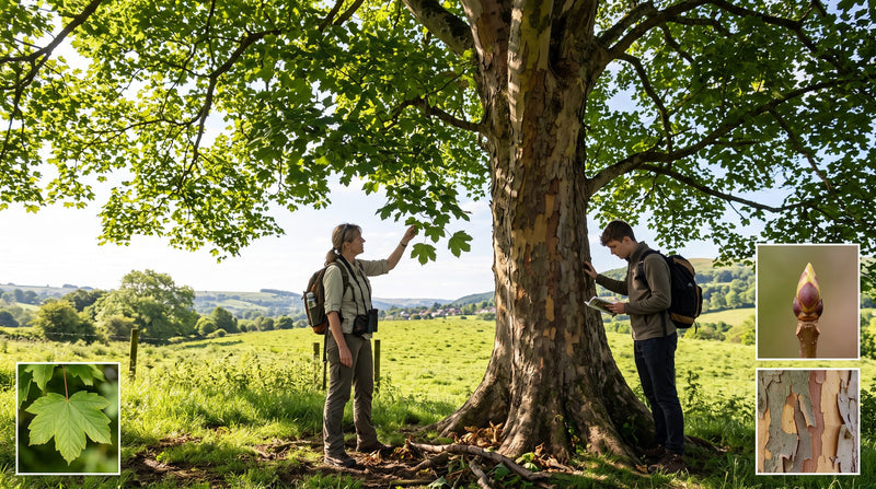 Mature American sycamore with a broad green canopy in a sunlit field