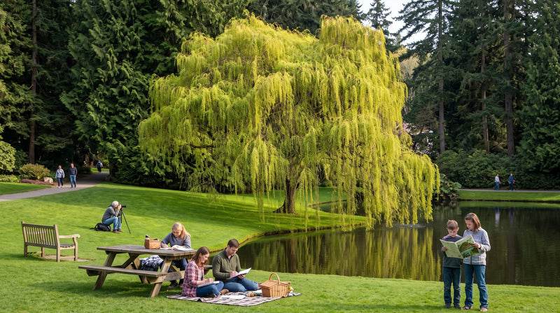 Mature weeping willow tree with cascading green branches beside a calm pond