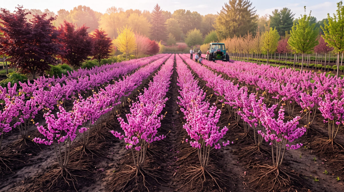 Rows of young redbud saplings in bloom with pink-purple flowers in a nursery field