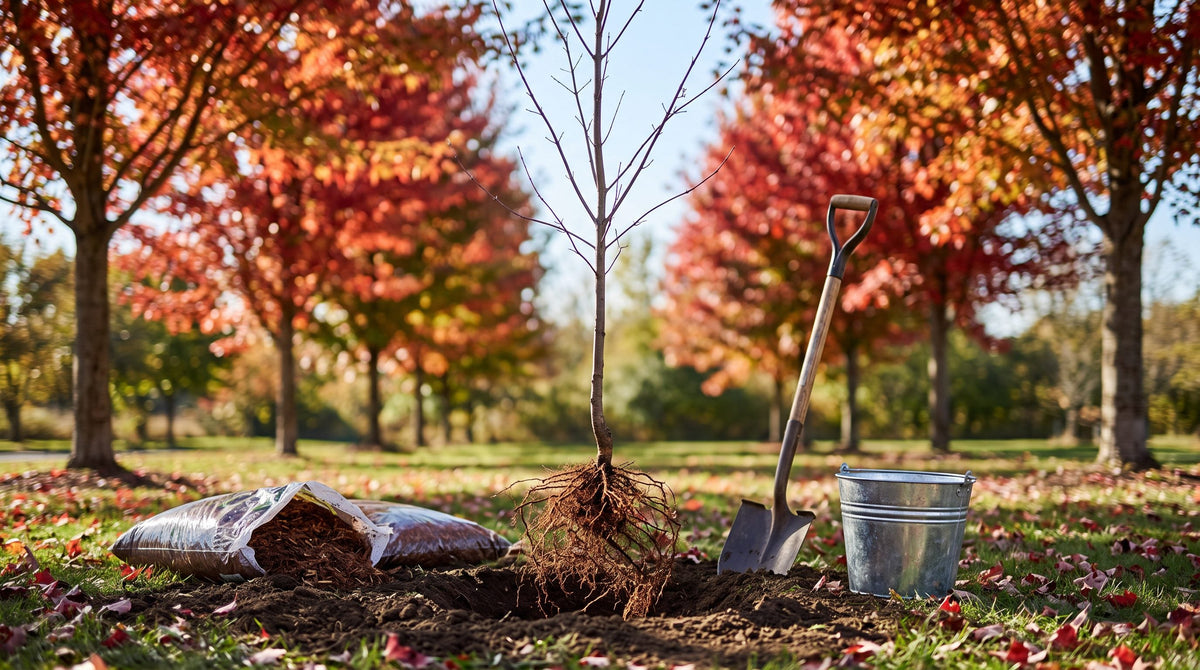 Young bare-root red maple sapling set in a wide, shallow planting hole with a spade and water bucket beside it
