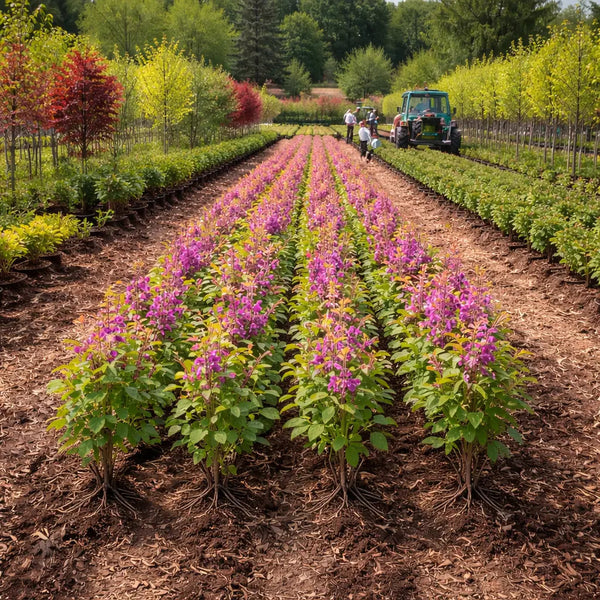 Redbud seedlings: rows of vibrant purple flowering shrubs in nursery field
