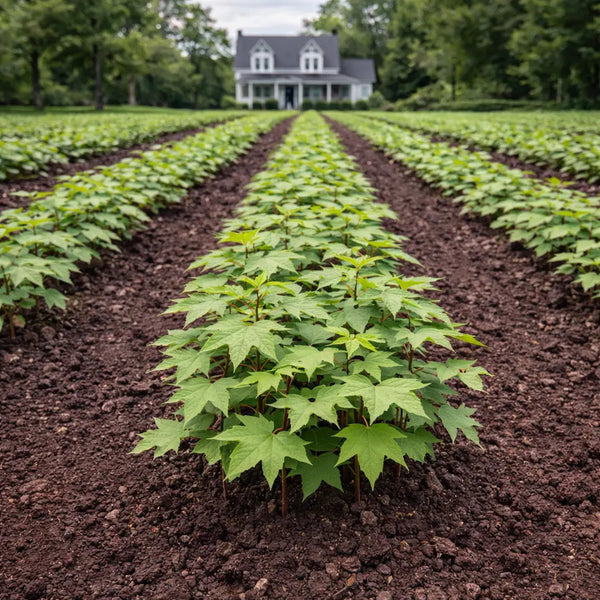 Rows of vibrant green Sweet Gum seedlings in neat lines on rich brown soil
