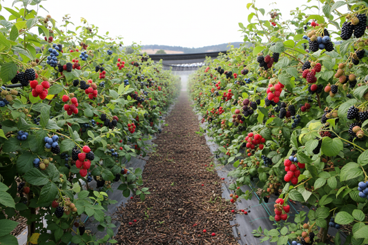 Ripe red blue black raspberries on lush bushes in natural farm landscape