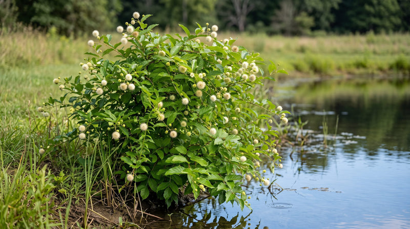Buttonbush shrub with glossy green leaves and round white pincushion flowers