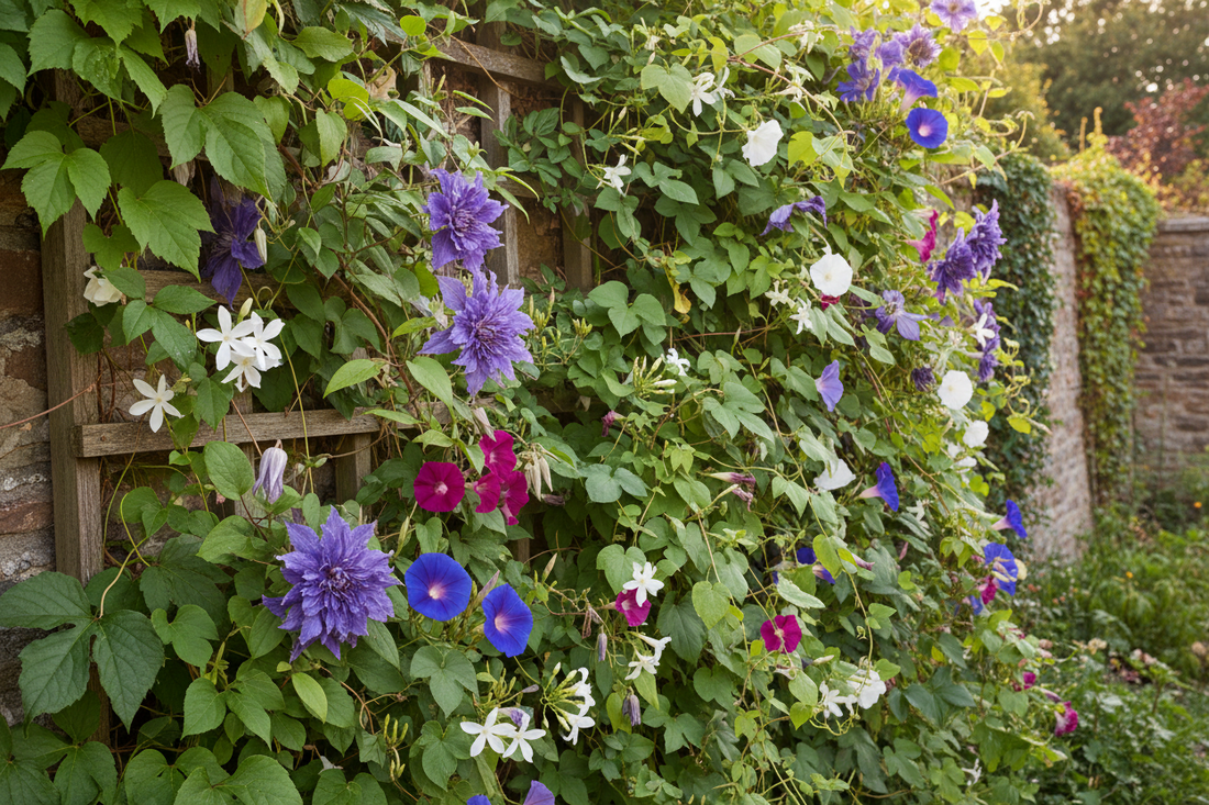 Vibrant garden trellis with cascading purple blue white pink flowers on green vines for Tennessee landscapes