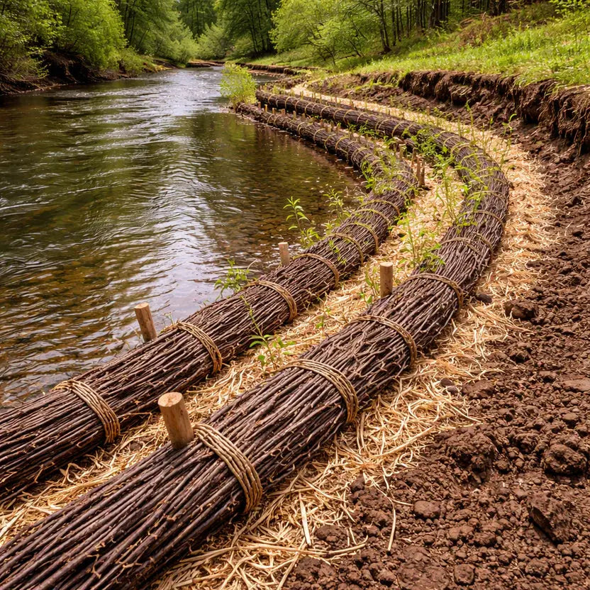 Twisted brown willow branches in low-maintenance erosion control fascines