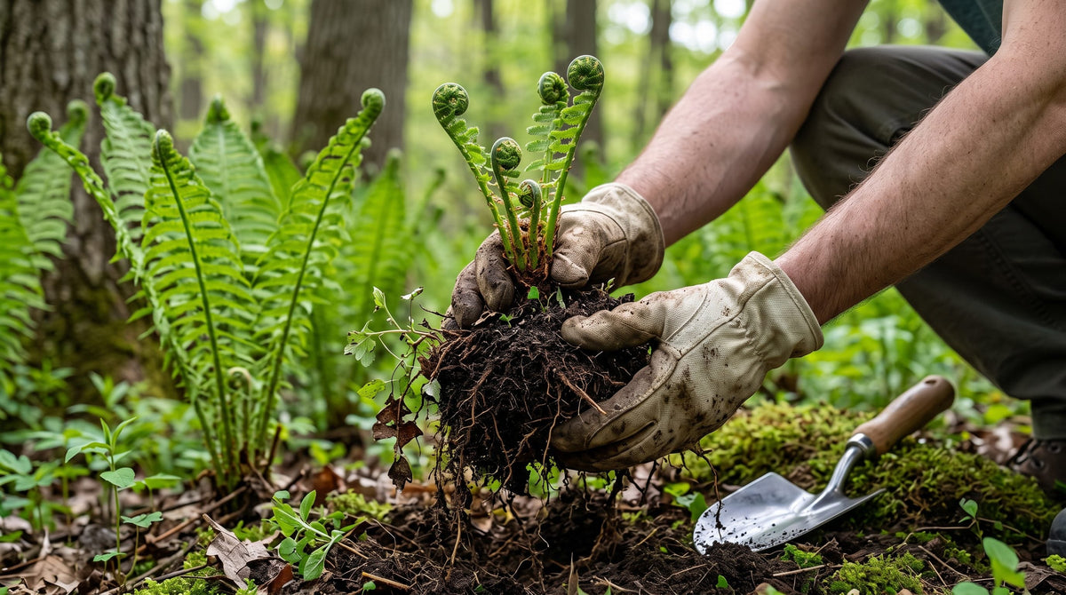Gloved hands lifting an ostrich fern clump with its root ball from a shaded bed in early spring
