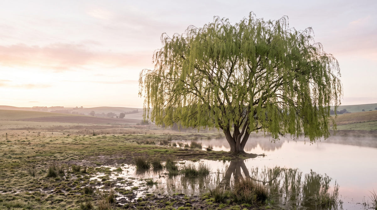 Mature weeping willow tree with cascading green branches beside a calm pond on open ground
