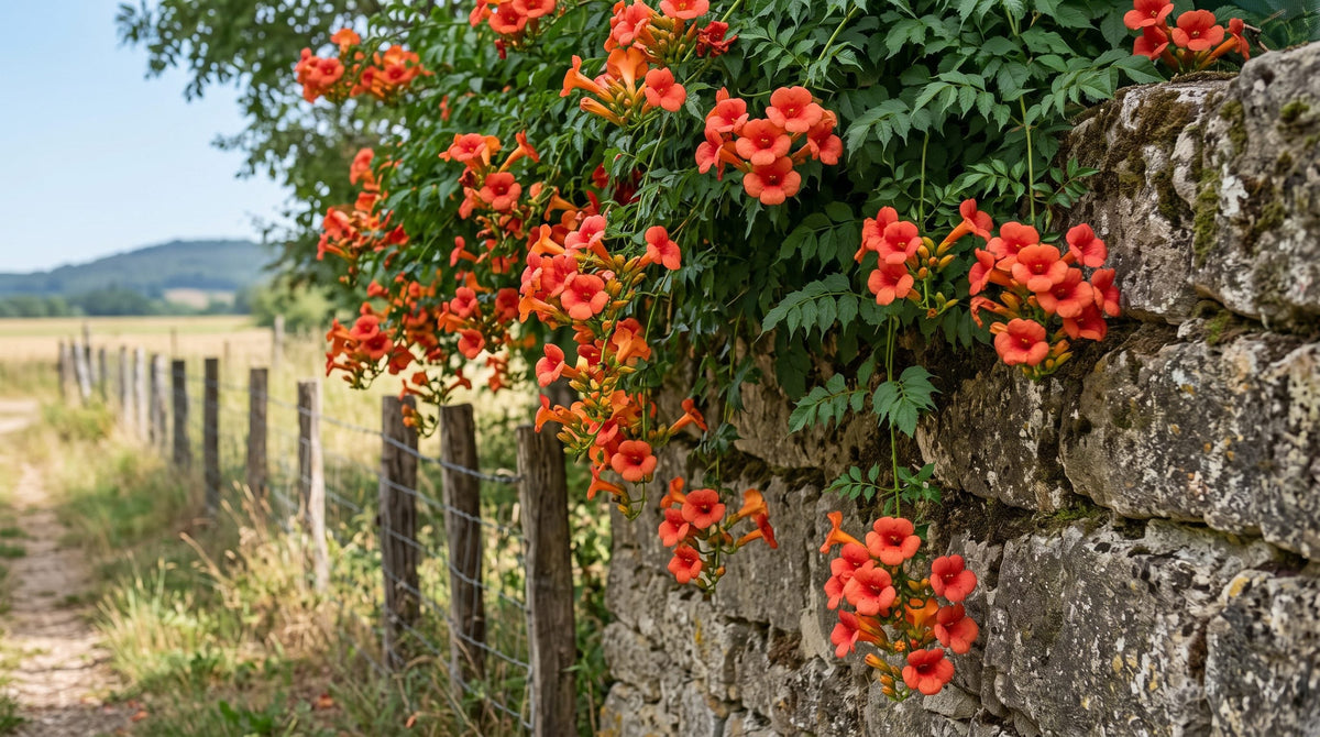 Orange trumpet creeper flowers, the hummingbird vine, cascading over a stone wall
