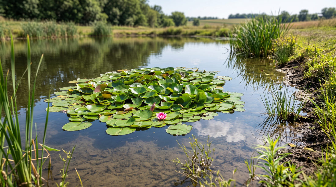 Pink hardy water lilies blooming among green lily pads on a sunny pond
