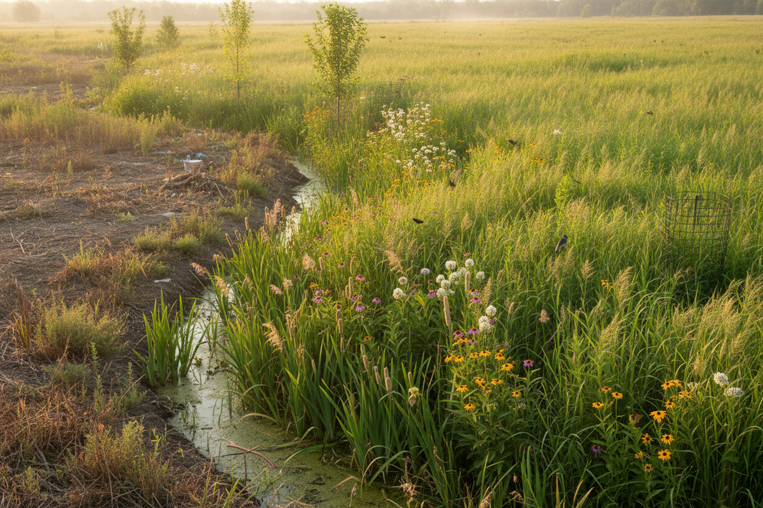 Winding stream in Tennessee meadow with fast-growing restoration plants