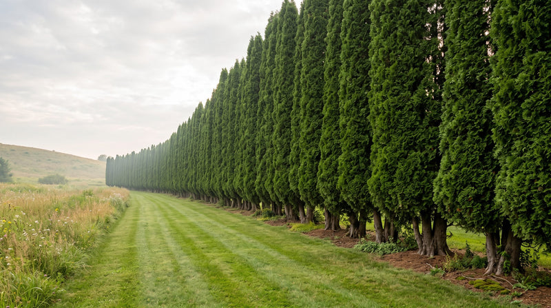 Row of tall, slender Green Giant arborvitae trees lining a grassy path