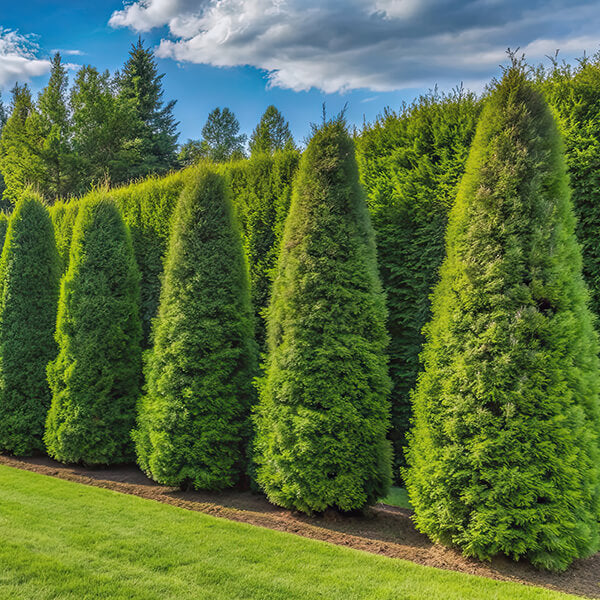 Arborvitae evergreen trees planted as privacy hedge