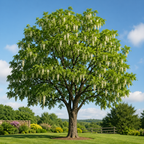 Black locust tree with vibrant green leaves and cascading clusters of delicate white blossoms in full bloom