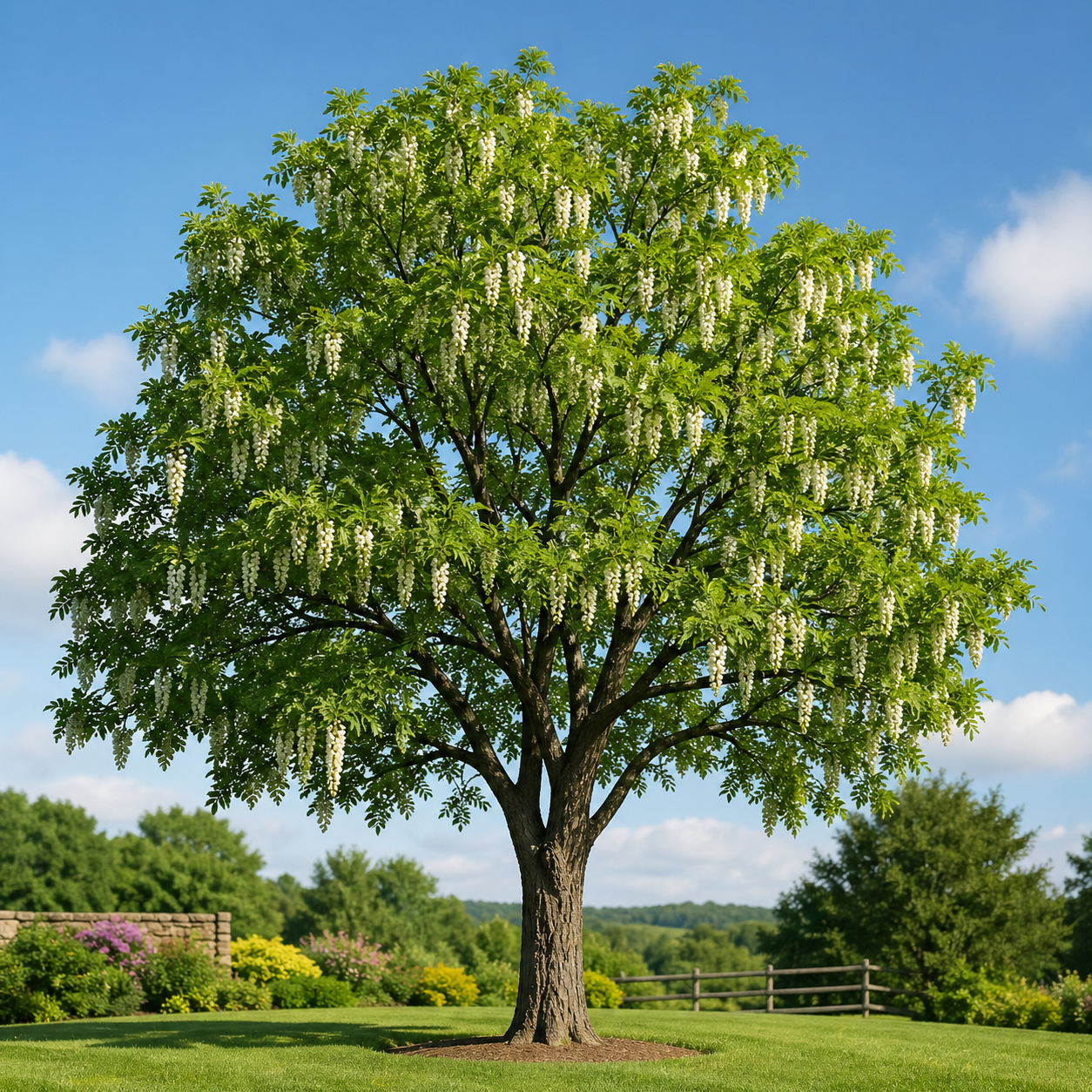 Black locust tree with vibrant green leaves and cascading clusters of delicate white blossoms in full bloom