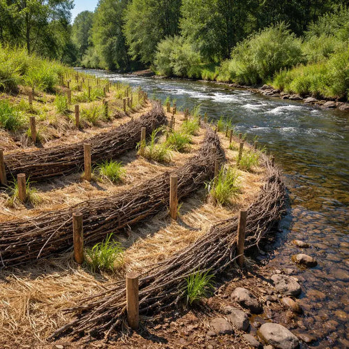 Brush layers of woven twigs and wooden posts lining riverbank