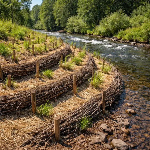 Brush layers of woven twigs and wooden posts lining riverbank