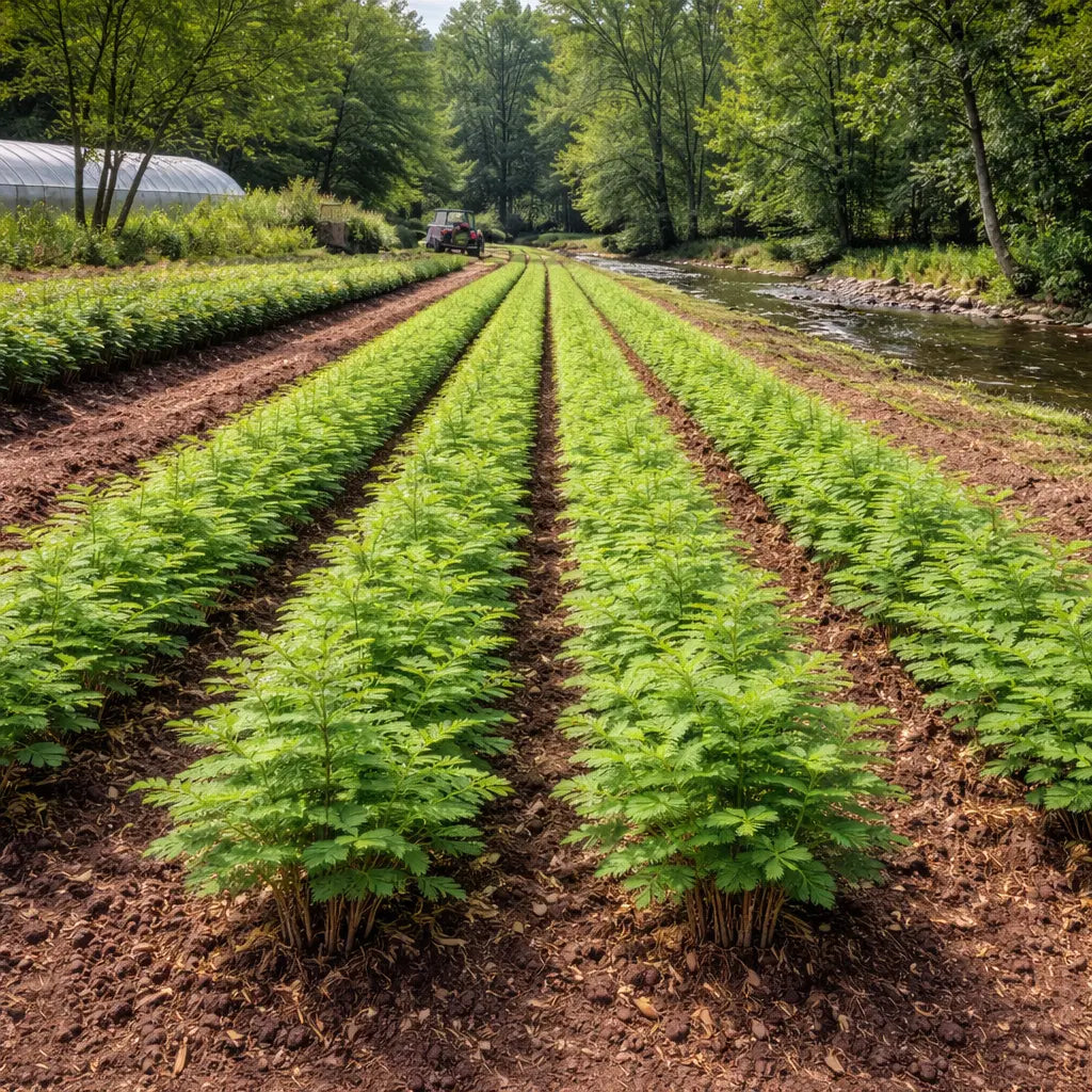 Rows of Bald Cypress seedlings in neat green lines across field