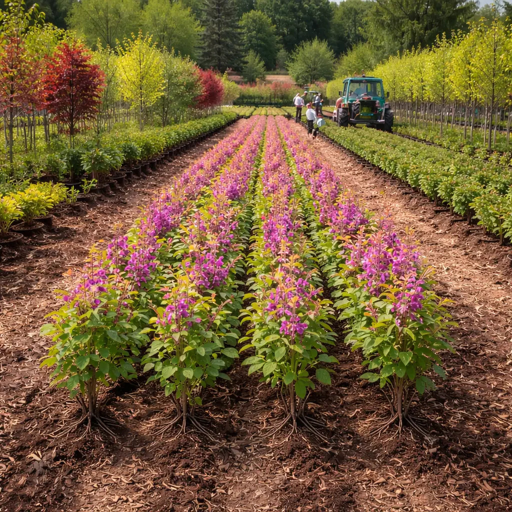 Redbud seedlings: rows of vibrant purple flowering shrubs in nursery field