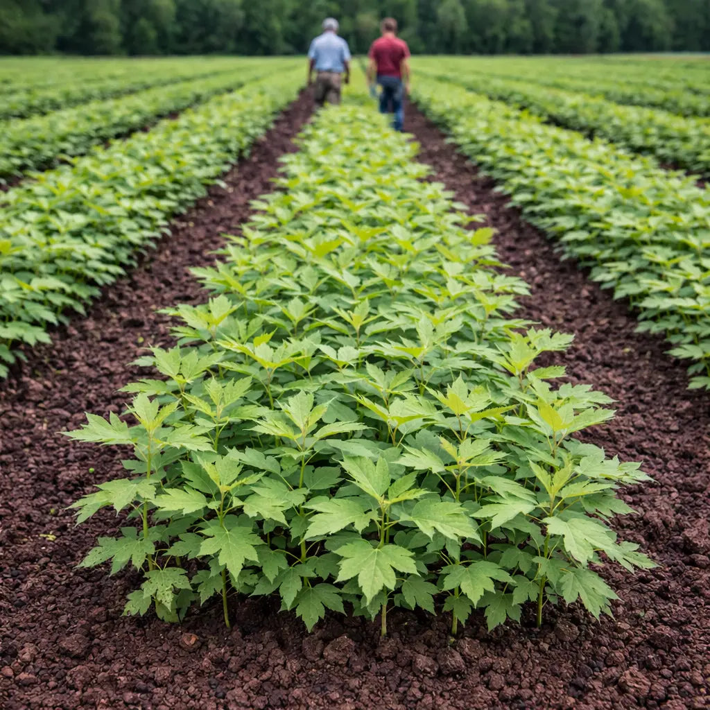 Rows of vibrant green Pin Oak seedlings in neat lines on dark soil