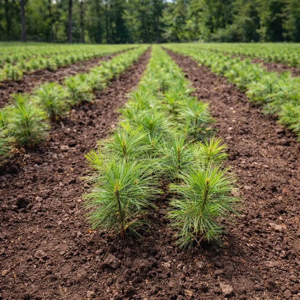 Rows of White Pine Seedlings with vibrant green needles in tilled soil