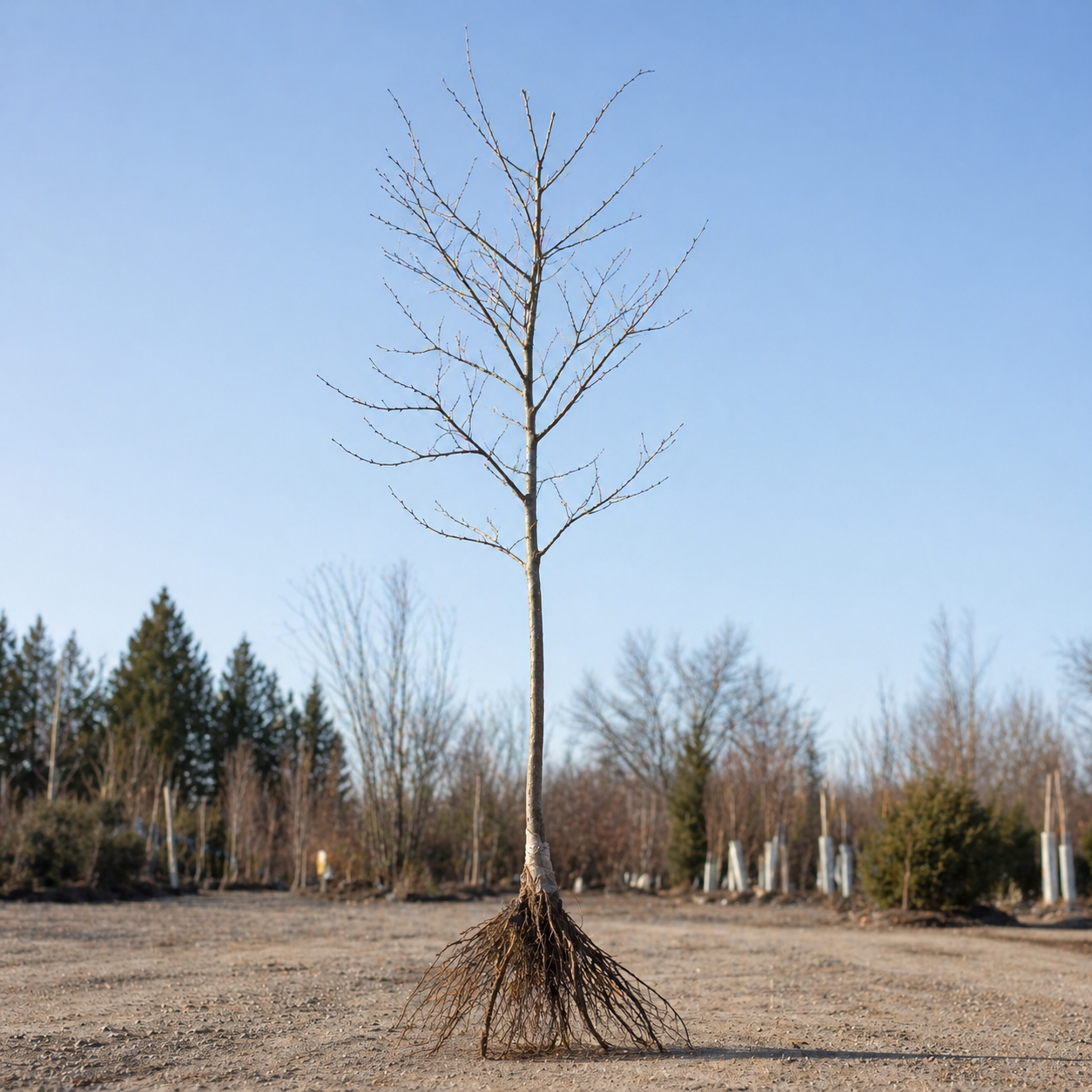 A slender lace bark elm tree with a light brown trunk and exposed roots in an open field under clear blue sky