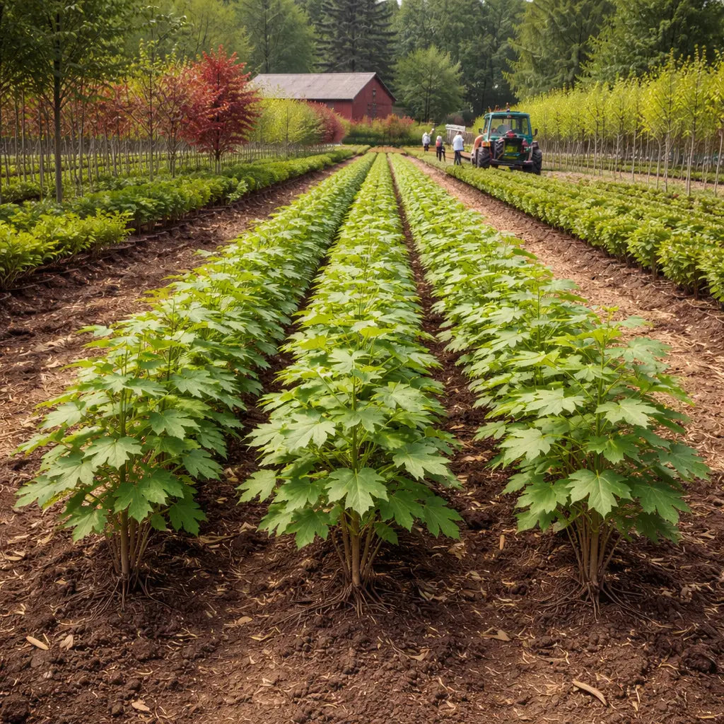 Rows of vibrant green sycamore seedlings in neat lines on tilled field